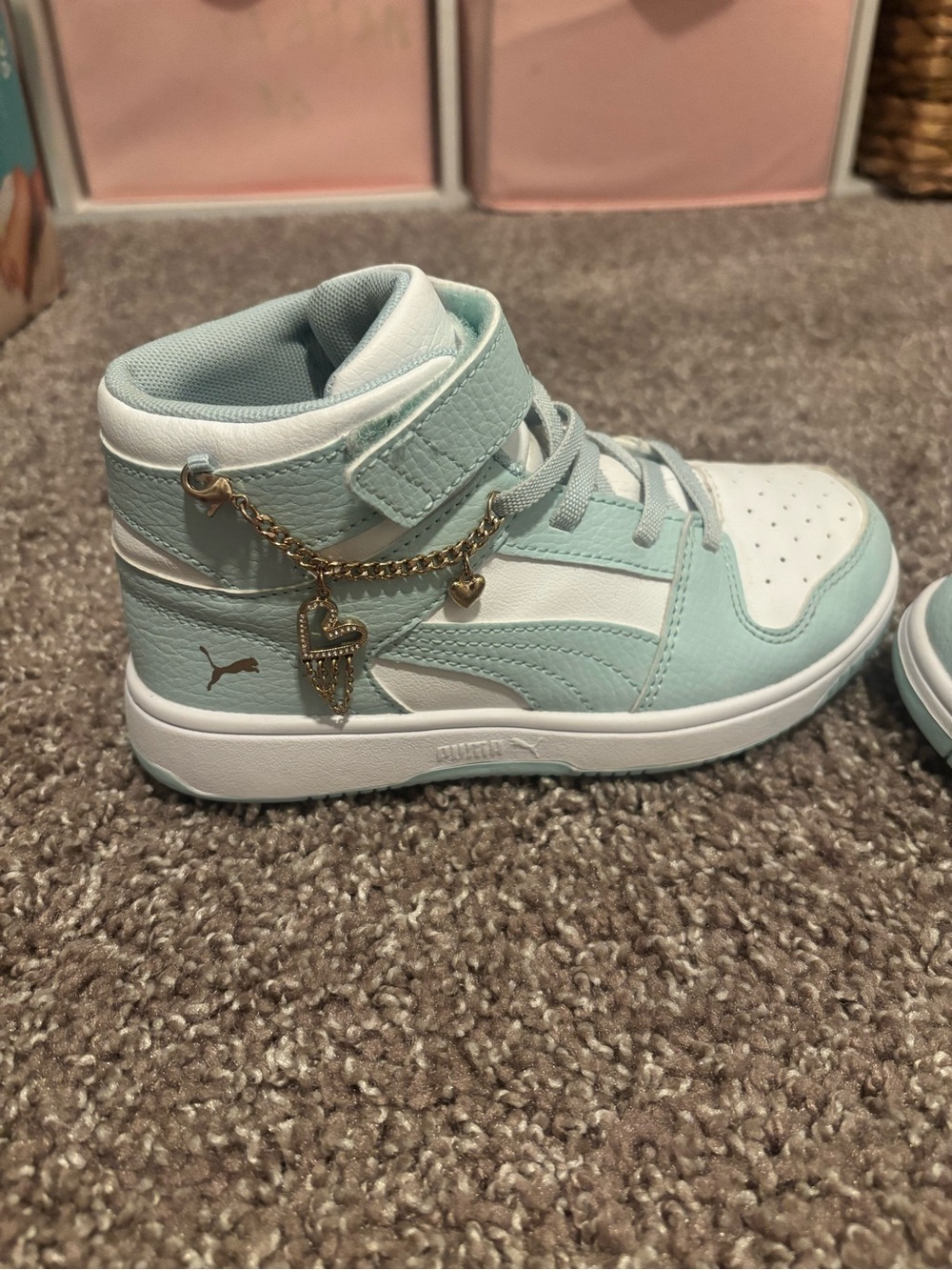 Puma Kids Mint and White High-Top Sneakers with Gold Charm Chain